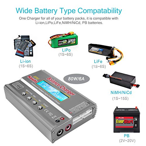 Haisito Caricabatterie Bilancia a Batteria Lipo 80W 6A Scaricatore per LiPo/Li-Ion/Life Batteria (1-6S), NiMH/NiCd (1-15 S), Rc Caricabatteria per Batteria Hobby con Alimentatore CA