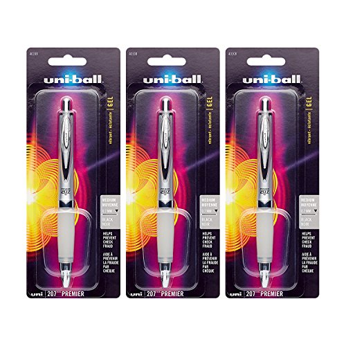 Uni-Ball 207 Premier Retractable Gel Rollerball Pen, 0.7mm, Medium Point, Black Ink (3 Pack, Black)