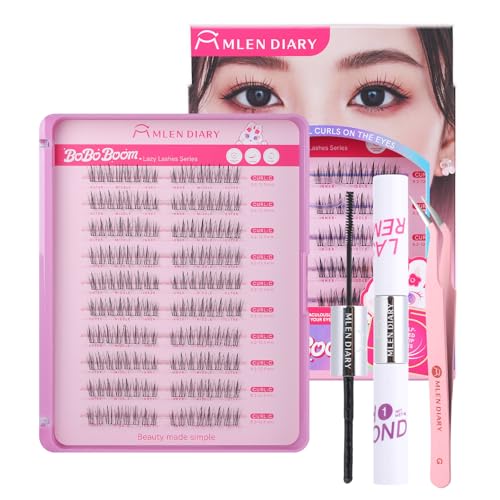 MLEN DIARY Lash Clusters Kit 80PCS Natural Eyelash Clusters C Curl Wispy DIY Eyelash Extensions Kit with Lash Bond and Remover Tweezers 8.5-12.5mm Soft & Light Korean Manga Style Beginners DIY at Home