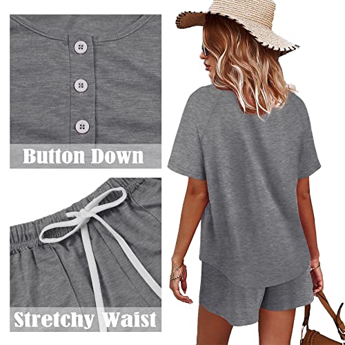 Image of WIHOLL Two Piece Outfits for Women Lounge Sets Button Down Top and Shorts Set Sweatsuits with Pockets