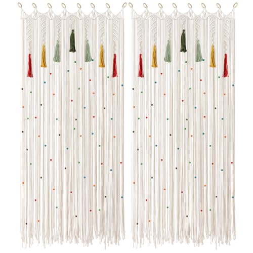 Boho Macrame Curtain with Colorful Tassels, 2 Panels 35" x