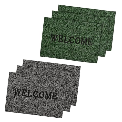 Image of Kuber Industries Pack of 6 Anti-Slip Welcome Print Grass Door Mats for Home| (16x24 Inch) Main Entrance Footmats for Bathroom, Living Room & Office | Grass Cut -Grey & Green