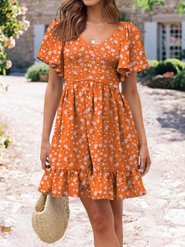 Image of UEAL Womens Cute Floral Smocked V Neck Flutter Sleeve Sundress with Pockets Casual Spring Summer Dresses for Women 2026