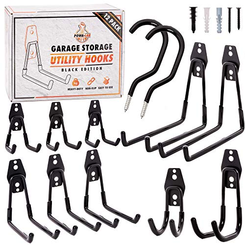 12 Piece Set Steel Garage Storage Hooks with Bike Hooks for Garage Organization - Utility Heavy Duty Hooks for Organizing Power Tools, Ladders, Bikes, Bulk Items - Tool Hangers for Wall - Powa-Lab