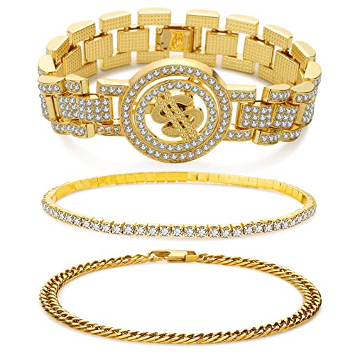 JUNVirtuous 3 Pieces Bracelets Set for Women Cuban Link Chain Ankle Bracelets Silver/Gold Bling Diamond Hip Hop Jewelry Gift for Men and Women (Gold B)