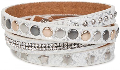 Preisvergleich Produktbild styleBREAKER Wickelarmband mit Strass, verschiedenen Nieten und Sterne, Armband, Damen 05040029, Farbe:Antik-Weiß