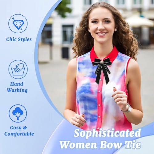Image of LJBFNN Womens Bow Tie, Black Ribbon Bow Tie for Women, Clip on Adjustable Rhinestone Bowtie for School Uniforms Wedding