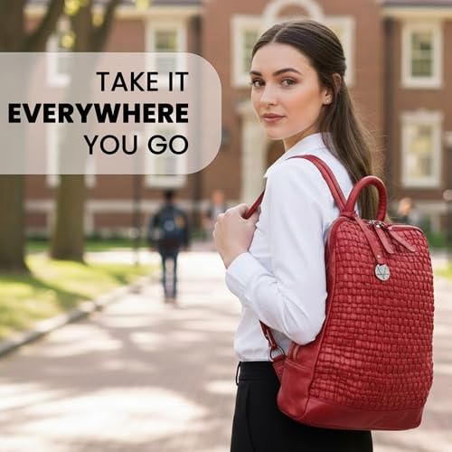 Image of 12.5 Inch Genuine Leather Backpack for Women and Men, Red Leather Backpack with Adjustable Shoulder Strap