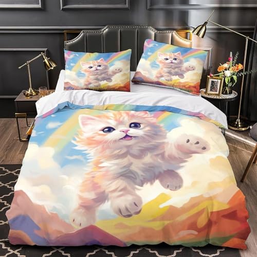 Housse de couette chat 135x200 cm avec 2 taies d'oreiller en microfibre imprimée 3D