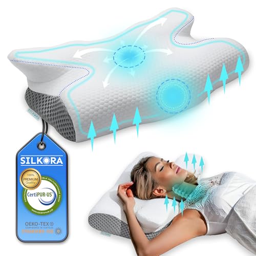 SILKORA® Super Almohada Cervical Ergonómica – Almohada Cervicales y Cuello para Dormir Mejor, Viscoelástica Transpirable, Ayuda a Reducir Ronquidos y Mejorar la Postura, Ideal para Viaje