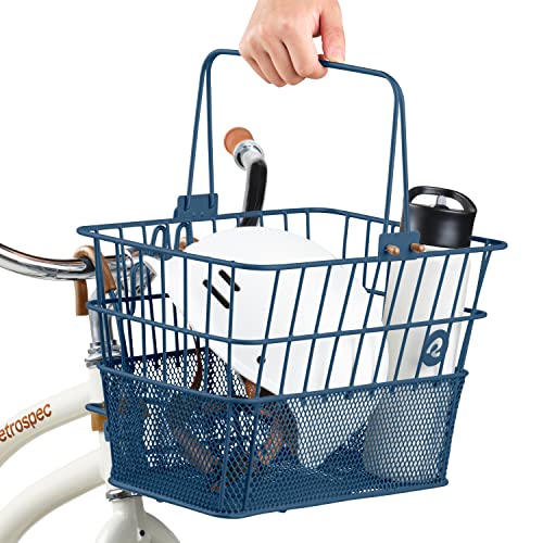 Retrospec Apollo Detachable Front Bike Basket Steel Half-Mesh With Integrated Detachable Hooks And Built-In Handle, Easy Assembly And Portability For Bicycles, Navy #TOP7