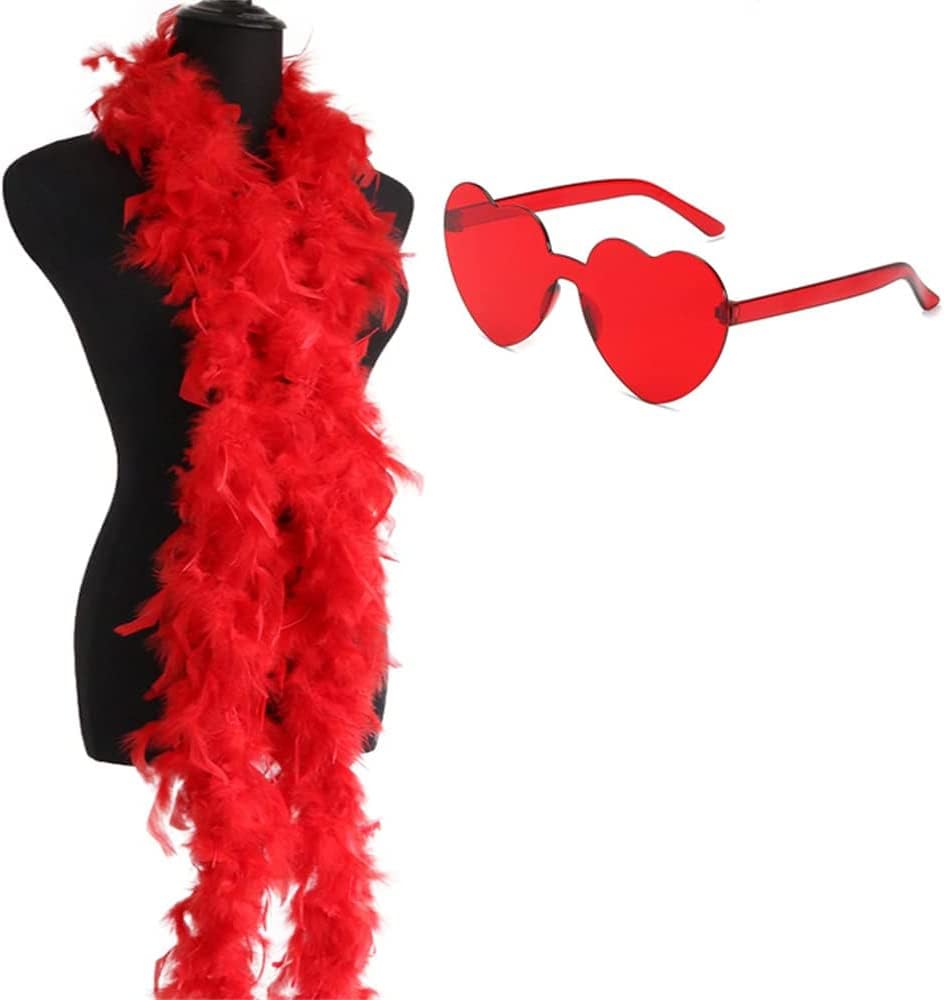 Feather Boa and Heart Glasses Fancy Dress Accessory, 78"/200cm Long Feather Boa, Hen Night Accessory Fancy Dress 1920s Feathers Boa for Festivals Pride Hen Party Stag Do Halloween Christmas Red