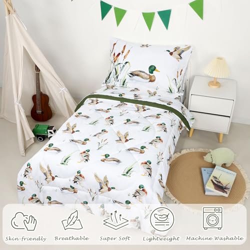 Image of Mallard Duck Toddler Bedding Set for Boys, 4 Pieces Soft Microfiber Green Toddler Comforter Set for 28 inch x 52 inch Toddler Mattress & Crib, Includes Comforter, Flat Sheet, Fitted Sheet, Pillowcase