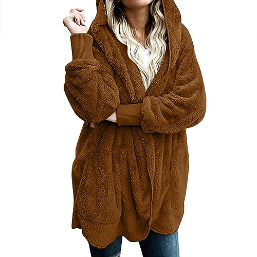 Image of Itsame Fuzzy Fleece Coat For Women Plus Size Open Front Long Sleeve Hooded Sherpa Cardigan Jackets Warm Winter Fluffy Outwear lightweight womens jacket Brown M