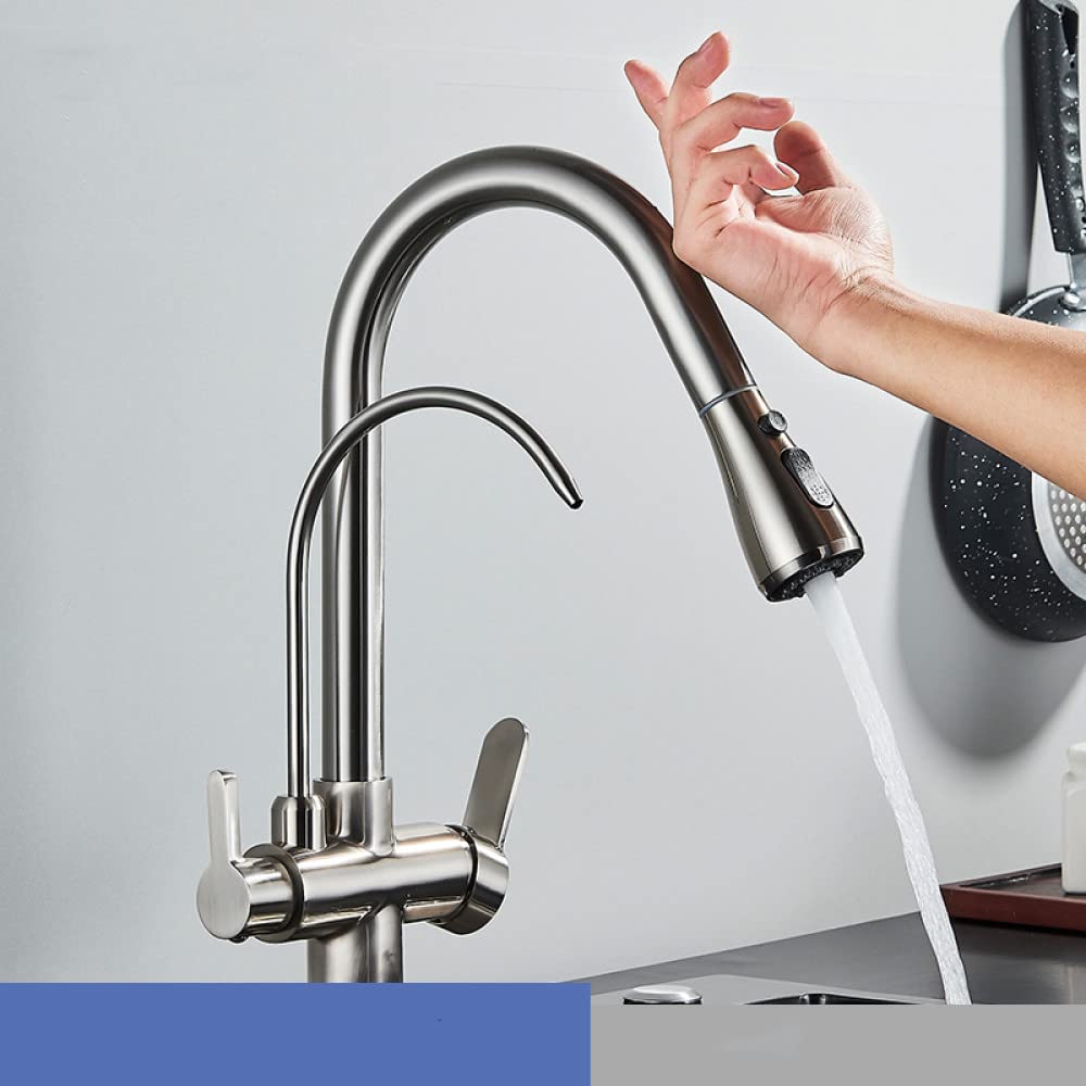Agua fría y caliente Modo de grúa Grifo mezclador montado en cubierta Filtro de sensor táctil Grifo de cocina con agua pura Grifo mezclador extraíble Girar, cepillado, talla única