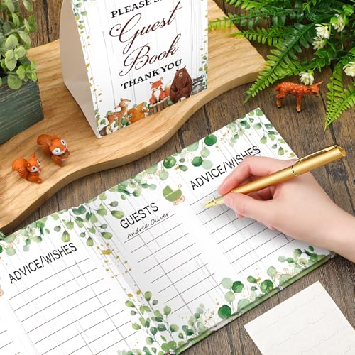 Image of Fuyoooo 27 Pcs Woodland Animal Baby Shower Guest Book Set Baby Shower Sign in Guest Floral Book Place Table Cards with Gold Pen Adhesive Photo Corner for Birthday Party
