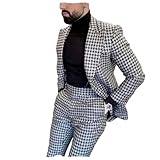 Premium Houndstooth Dogstooth Plaid Slim Fit Suit Prom Groom Wedding Tuxedo Set Jacket Blazer Pants Set