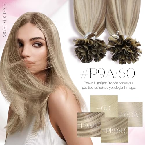 Image of Moresoo K Tip Hair Extensions Real Human Hair, Beige Brown Blonde, 20 Inch | 50g 50 Strands, Keratin Bonded Tips, Long Straight Hair, Blonde Highlight Blend, Professional Installation