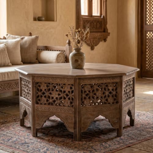 Image of Wooden Coffee Table for Living Room | Solid Wood Handcrafted Center Table for Living Room with Carved Jaali Design | Tea Table for Living Room Wooden Furniture for Home (Brown Antique)