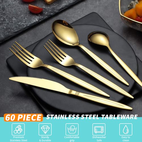 Evanda Gold Silverware Set 60 Piece Service for 12, Titanium Gold Plated Stainless Steel Modern Flatware Set, Knives Forks Spoons Set for Wedding, Parties, Birthday, Restauroom, Dishwasher Safe by Evanda - Image 3