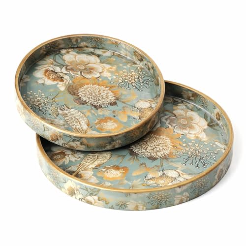 Image of Round Wooden Serving Tray Set of 2, Decorative Floral Design Resin Coated Trays with Raised Edge, Multipurpose Serving & Home Decor Trays for Dining Table, Centre Table & Kitchen