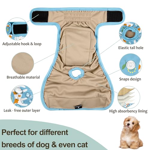 Image of Washable Female Dog Diapers (5 Pack) - Doggie Reusable Small Medium Large Dog Diapers for Doggy Puppy Female in Period - Highly Absorbent Dog Heat Panties,S Plus,Cute Dog Pattern
