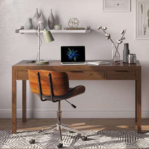 SIMPLIHOME Hollander Desk - 60-Inch Wide Solid Wood Writing Desk in Medium Saddle Brown, Contemporary Home Office Computer Table for Workspace or Study with 2 Drawers and Flip-Down Keyboard Tray