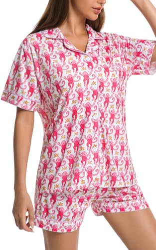 Image of Womens Pajamas Set Shorts Button Down 2 Piece Monkey Bunny Y2k Roller Dupes Rabbit Preppy Lounge Pjs Comfy Sleep Wear