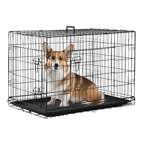 PayLessHere Medium Dog Crate Kennel 30 inches Metal Dog Cage Double-Door Folding Travel Indoor Outdoor Puppy Playpen with Divider and Handle Plastic Tray,Black