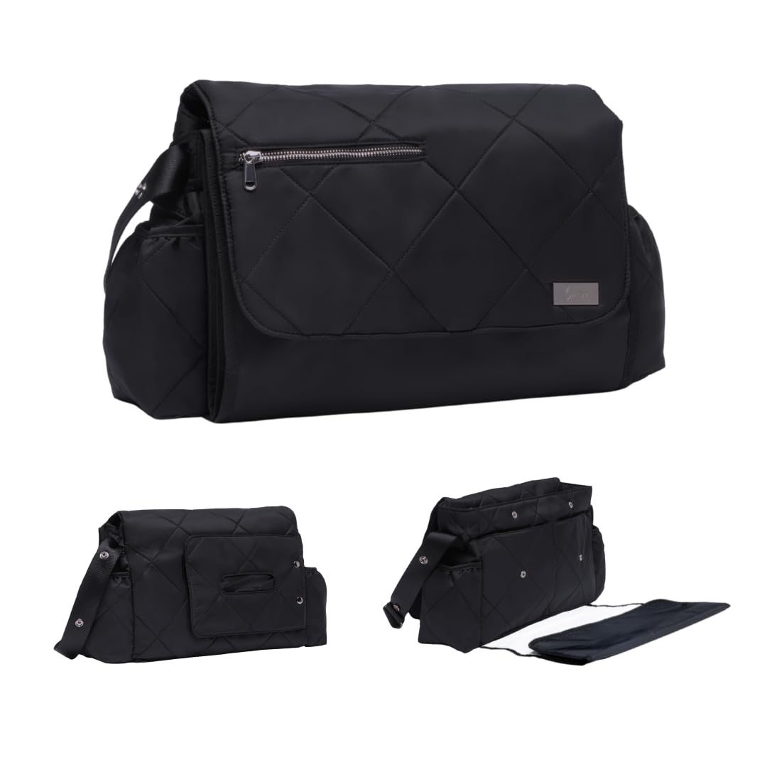 Luxury Quilted Baby Changing Bag with Detachable Padded Mat – Black Waterproof Nappy Bag with Insulated Bottle Holder & Quick-Access Wipes Pocket – Stylish Unisex Travel Baby Bag for Mum & Dad