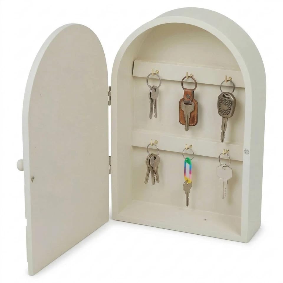 URBNLIVING 6 Hook Wall-Mounted Key Cabinet – Wooden Key Holder Box for Entryway, Hallway, Home Organisation, Compact and Stylish Storage Solution (CREAM)