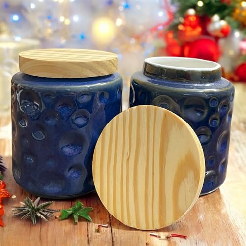 Image of Ceramic Kitchen Storage Jar Set of 2 (750 ml)| Airtight Blue Canisters for Tea, Sugar & Spices | Modern Storage Containers | Airtight Pickle /Barni Jars with Lid | Countertop Food Jars for Kitchen