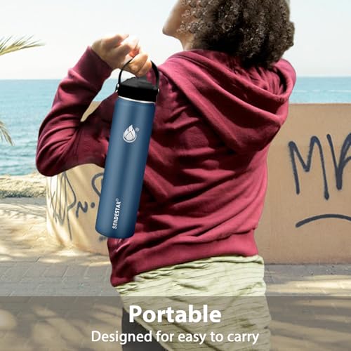 Image of Insulated Water Bottle 32 oz with Straw, Stainless Steel Wide Mouth Water Bottle, Double Wall Vacuum Leak Proof with Straw Lid & Spout Lid for Sports or Office, Keep Cold or Hot Up to 24 Hrs