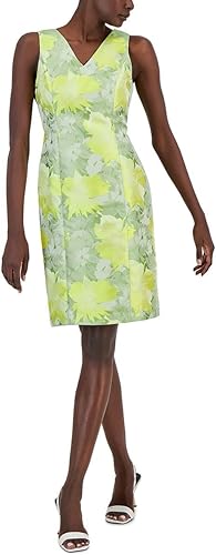 Anne Klein Ridge Crest V-Neck Sheath Dress Robe, Herbe/Multi