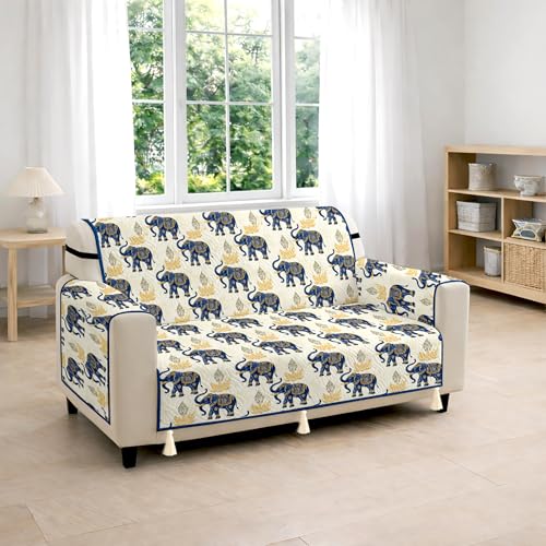 Image of Cloth Fusion 300 GSM Quilted Jaipuri Theme Printed 2 Seater Sofa Cover Mat-Style Fully Covered with Armrest Pockets, Adjustable Straps & Lock Fit (120 cm Seat Run, Elephant Motif)