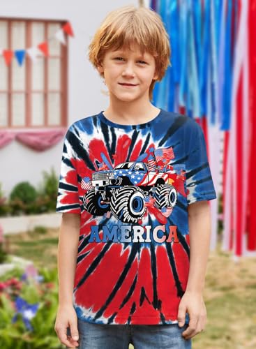 Image of BesserBay Unisex Kids 4th of July American Flag Tee Tie Dye Patriotic Short Sleeve Shirt 6-14 Years