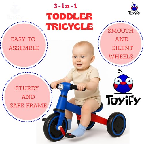 Image of 3-in-1 Toddler Tricycle & Balance Bike for Toddlers 1-3 Years, Easy-Assemble Baby Trike with Silent Wheels, Sturdy Safe Frame, Indoor & Outdoor Ride-On Bicycle for Boys & Girls (Blue Red)
