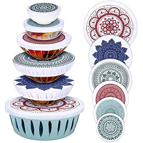 Chengu 12 Pcs Reusable Bowl Covers Elastic Food Fabric 5 Sizes Rustic Cloth Stretchy Dish Washable Cover for Bread Proofing Kitchen Container (Mandala Style), Multicolor Cover