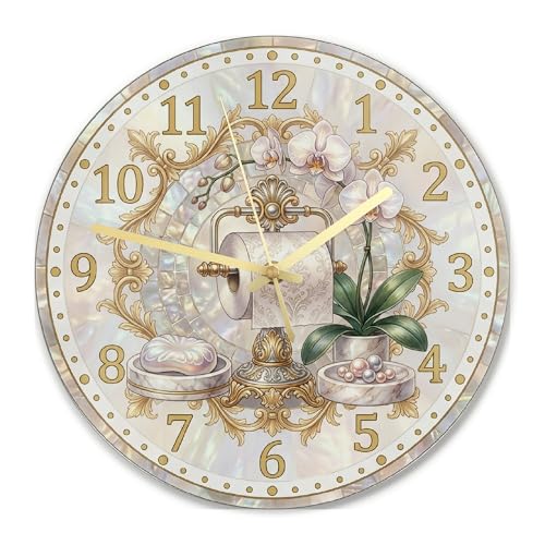 Horloge murale pour salle de bain, élégante et classique avec motif d'orchidée, horloge murale silencieuse pour cuisine, salle à manger, appartement,...