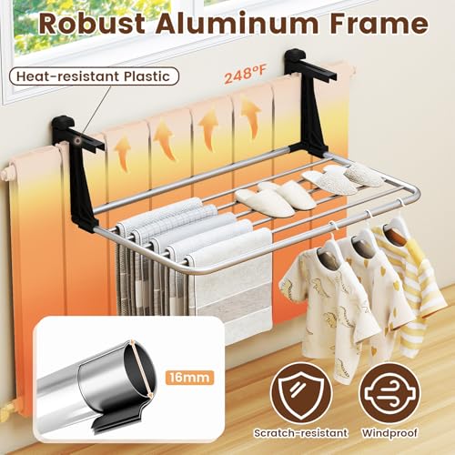 Image of Tangkula Portable Clothes Drying Rack, Extendable Radiator Clothes Airer with Robust Aluminum Frame for Balcony Railings Windowsill, Folding Towel Rack for Indoor & Outdoor Use (Small)