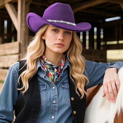 Image of DRESHOW Glitter Cowboy Hat Classic Western Rhinestone Cowgirl Hat Outdoor Wide Brim Retro Felt Fedora Hats Rolled up Caps