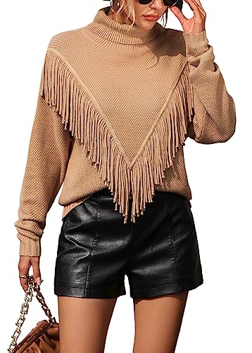 chouyatou Women's Oversized Fringe Tassel Sweater Long Sleeve Turtleneck Knitted Pullover Jumper Tops