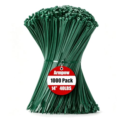 Image of Armpow 14 Inch Zip Ties Garden Green 1000 PCS, 40 Lbs- Heavy Duty Tensile Strength, Nylon PA66 UV Resistant Cable Ties for Indoor and Outdoor Use - Ideal for object bundling and fastening