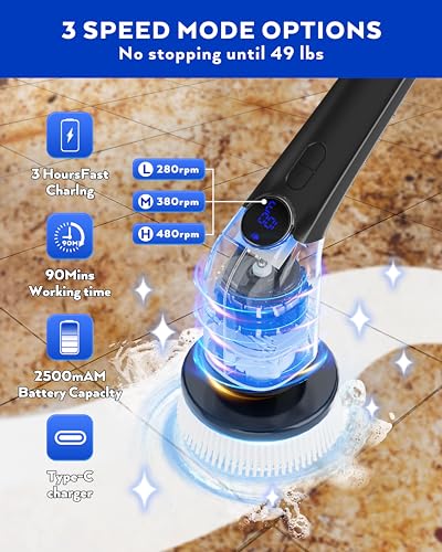 Image of Electric Spin Scrubber, 3-Speed Cordless Shower Scrubber with 8 Replaceable Brush Heads, Long Adjustable Handle for Bathroom, Tub & More