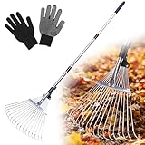 Râteau A Feuilles Réglable avec Réglable Manche De 207CM,18 Dents Râteau A Feuilles De Jardin avec Gants,Râteau A Feuilles en Métal,Râteau De Jardin en Métal pour Pelouse,Cour,Arbuste