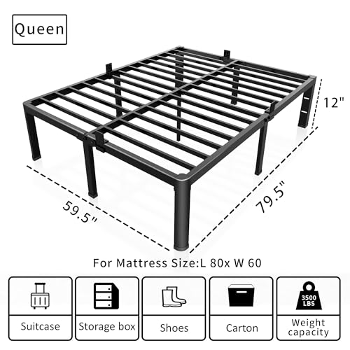 ROIL 12 inch Metal Queen Bed Frame with Rounded Corner and Headboard Hole Mattress Retainers 3500LBS Heavy Duty Steel Slats No Box Spring Needed Platform Noise-Free Easy Assemble