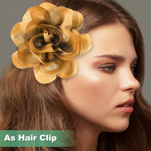 Image of M METERXITY Large Women's Brooches Lapel Pin, Lapel Pins Dainty Satin Fabric Big Camellia Flower Hair Clip Dancer Pin Up for Hats /Parties /Clothes