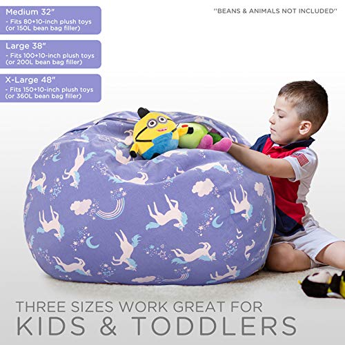 Aubliss Stuffed Animal Storage Bean Bag, Unicorn Bean Bag Chair, Stuff 'N Sit For Kids, Large 38"-Canvas Unicorn Blue #TOP2