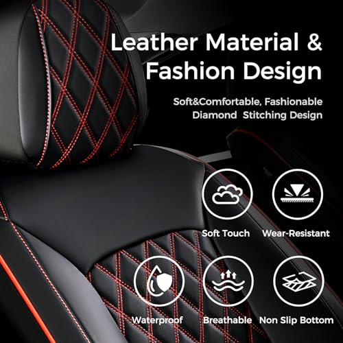 Image of Huidasource Front Seat Covers, Full-Cover Leather Driver Seat Cover, Side Stretch Fabric, Car Interior Front Seat Cover Universal Fit for Most Cars, Most Cars,Vans,Trucks, SUVs (Front Pair /Black&Red)