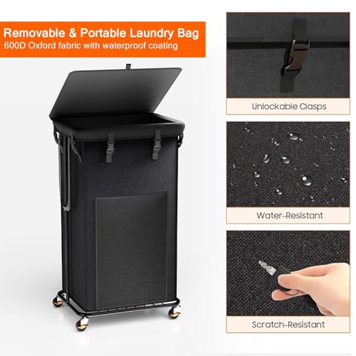 Image of 100L Laundry Hamper with Lid, Rolling Laundry Basket with Wheels, Large & Tall Dirty Clothes Hamper with Metal Frame and Removable Bag for Bedroom Aesthetic, Laundry Room, Bathroom, Dorm-Black
